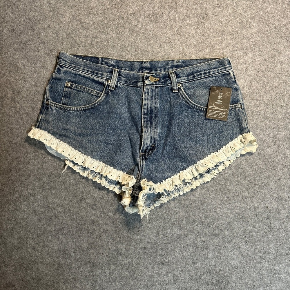 Wrangler Urban Renewal Remade Denim Shorts L Blue Eyelet Lace Trim